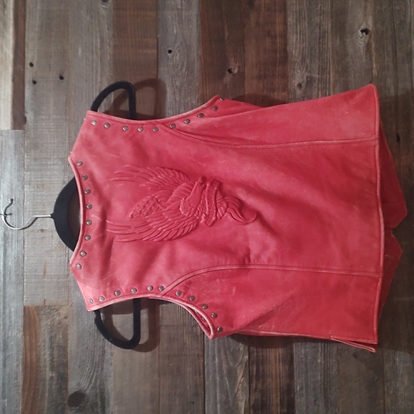 Harley Davidson distressed Red Leather embossed vest - Picture 2 of 5